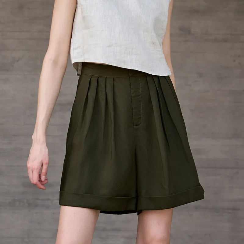 Women's Linen-Viscose High-Waist Loose Shorts with Side Pockets and Zipper Fly Closure