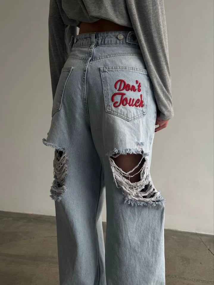 Women's Letter Graphic Distressed Straight Leg Denim Jeans