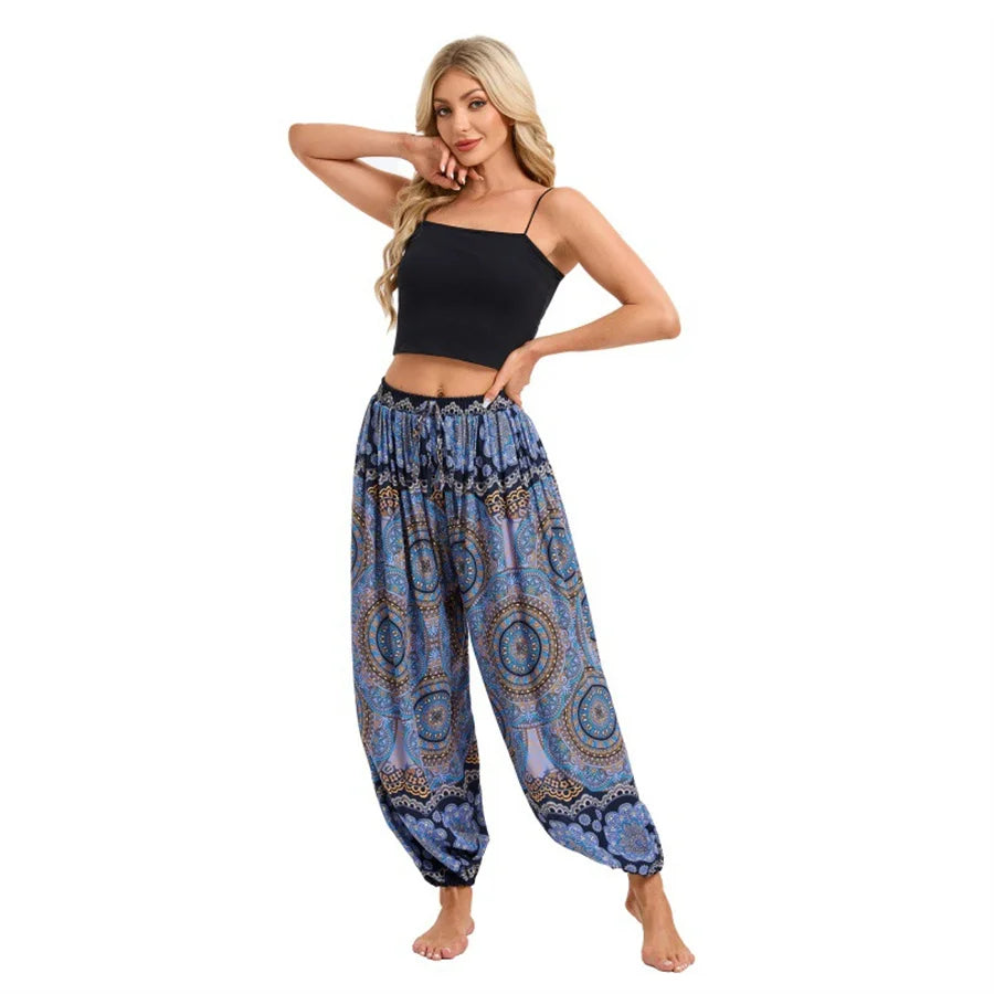 Women's Printed Rayon Harem Pants with Elastic Waist and Loose Gathered Legs