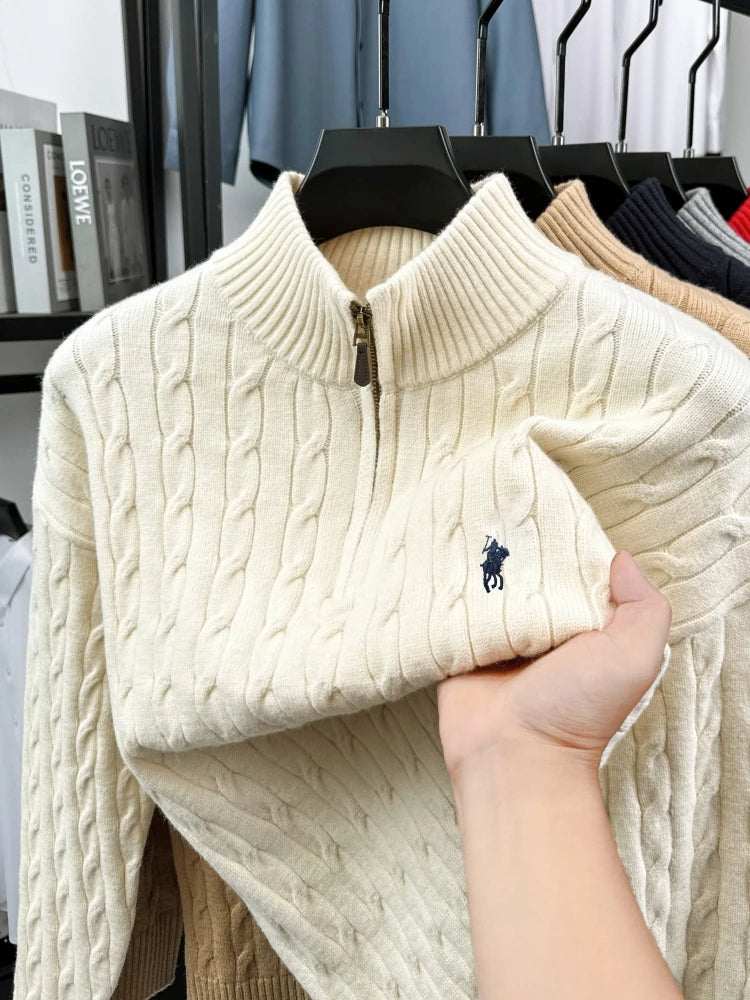 Men's Embroidered Cable Knit Quarter Zip Sweater
