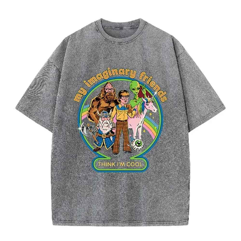 Brown Acid Wash Imaginary Friends Graphic Casual Retro Streetwear Tee