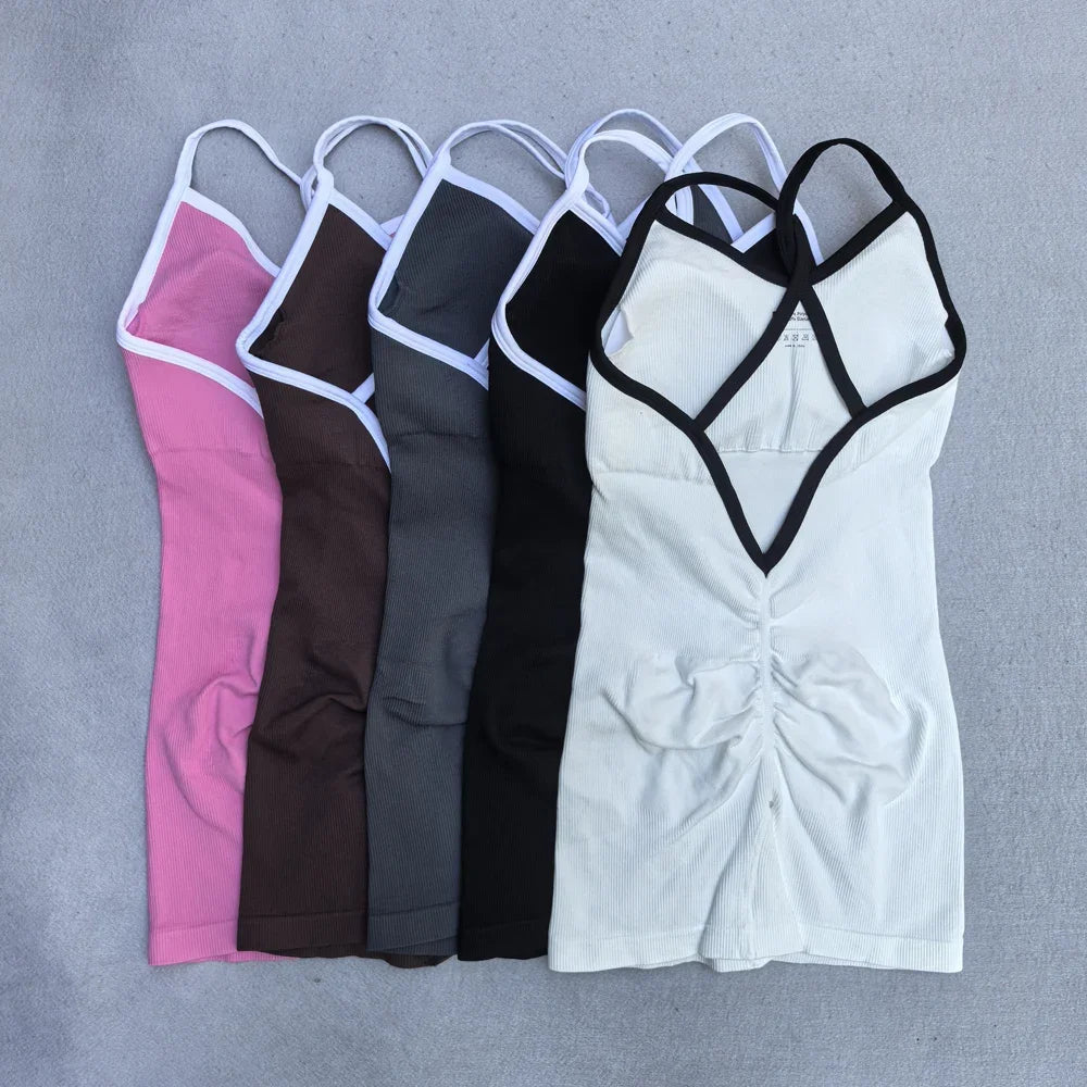 Women's Cross Back Nylon Blend Workout Romper with White Trim and Short Legs