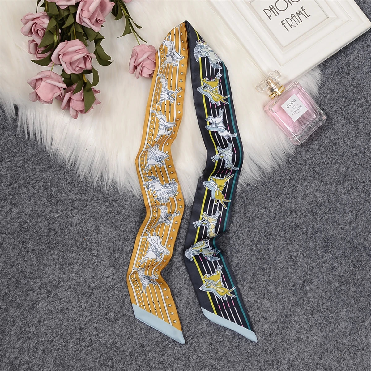 Horse Motif Skinny Ribbon Scarf with Printed Designs