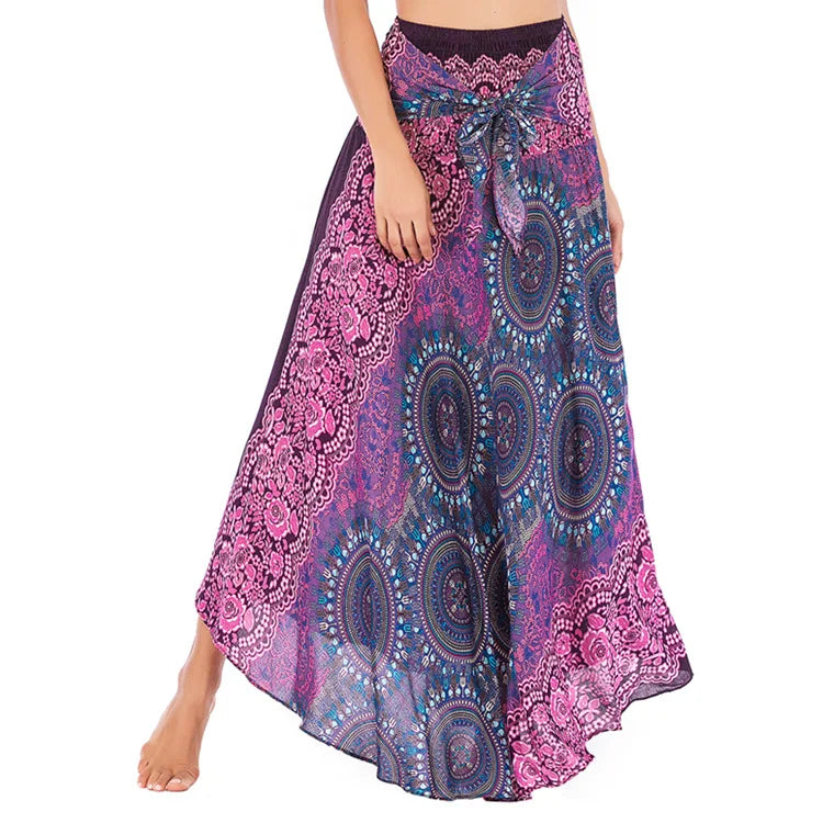 Women's Printed Nylon Harem Pants with Smocked Waist and Convertible Styling