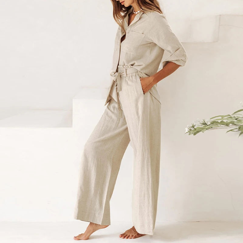 Women's Linen-Lyocell High-Waist Wide-Leg Pants with Elastic Tie Waist and Side Pockets