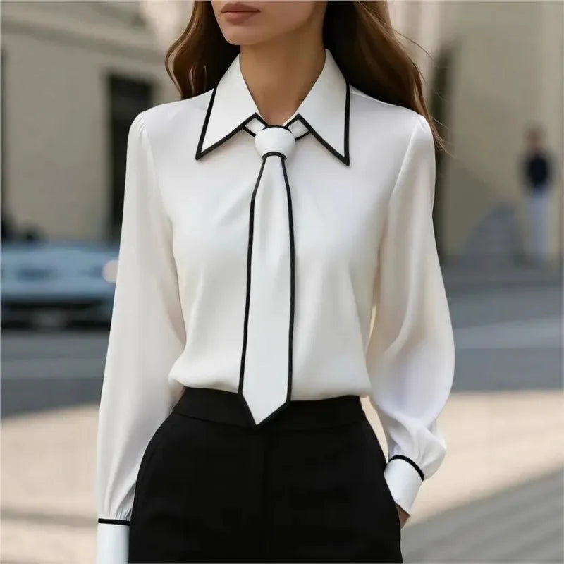 Women's Contrast Trim Tie Neck Long Sleeve Blouse