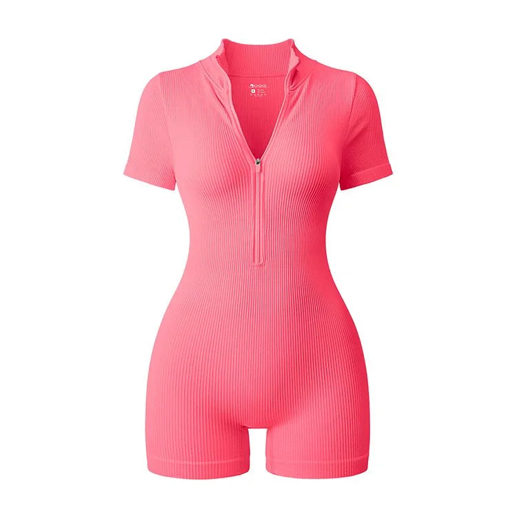 Women's Short Sleeve Nylon Blend Romper with Collar and Front Zip