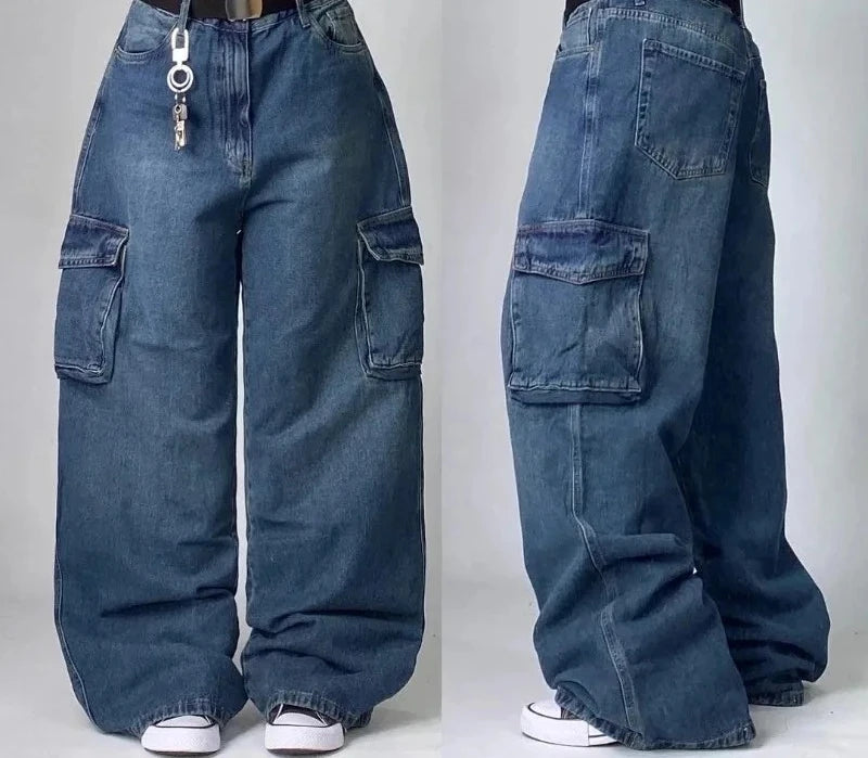 Women's Cargo Wide Leg Pocket Denim Jeans For Everyday Outfits