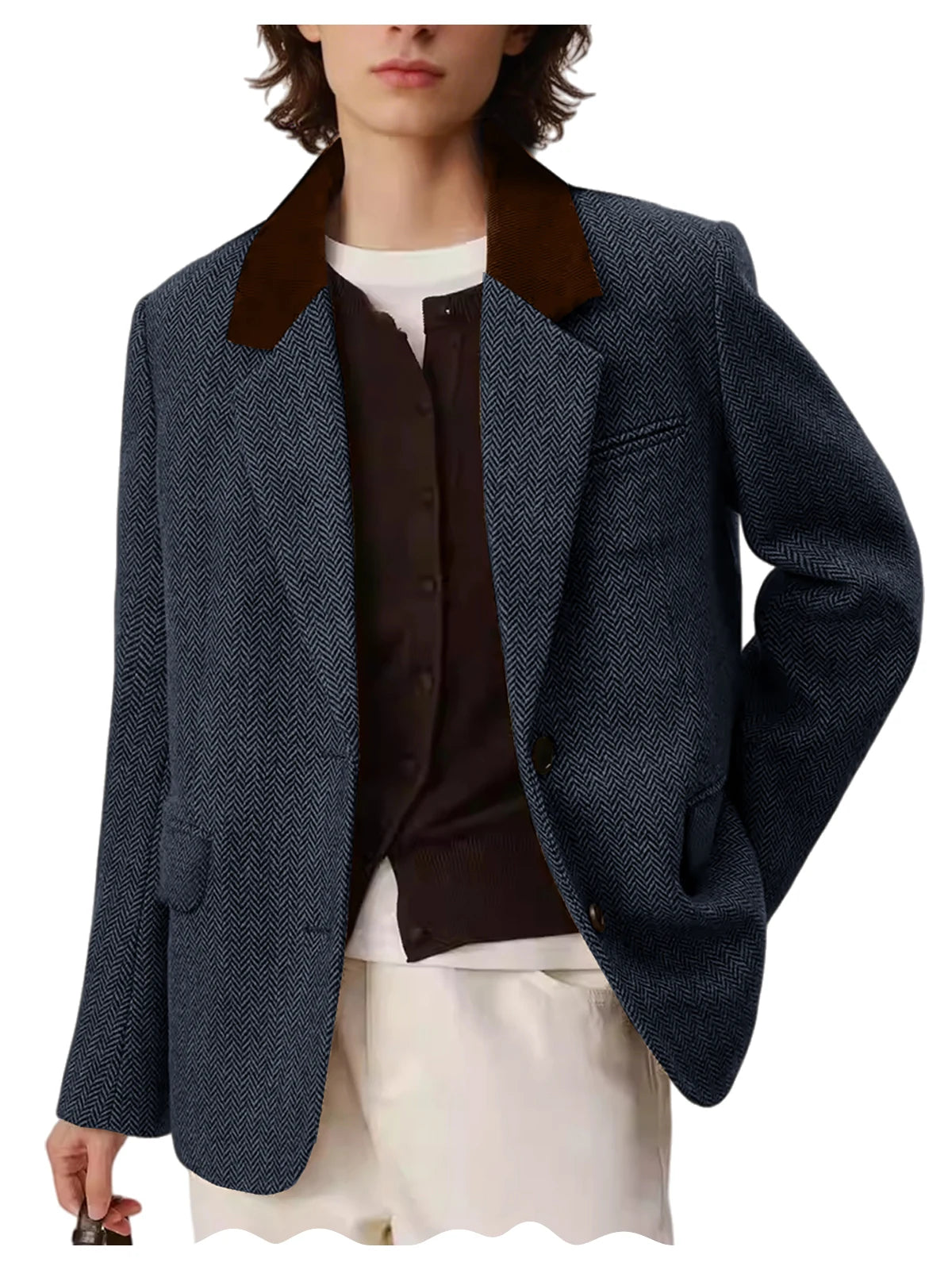 Men's Herringbone Two-Button Notch-Lapel Blazer with Contrast Collar