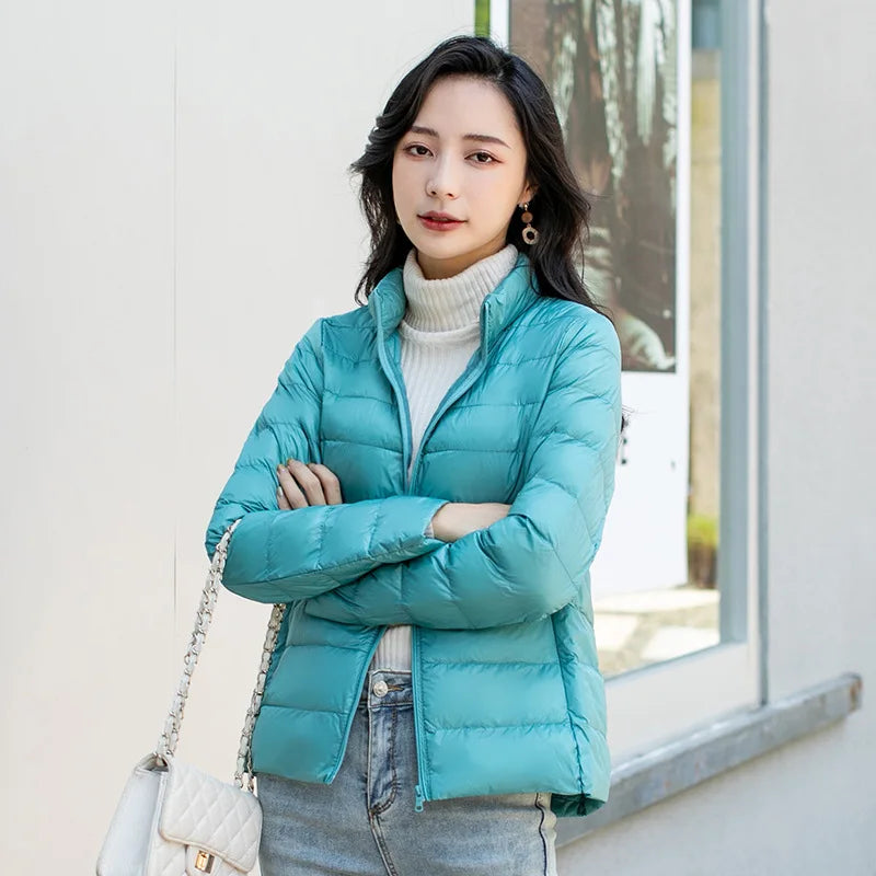 Women's Quilted Stand Collar Zip Front Jacket for Layered Outfits