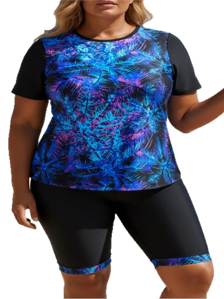 Women's Printed Short Sleeve Swim Top and Long Shorts Set