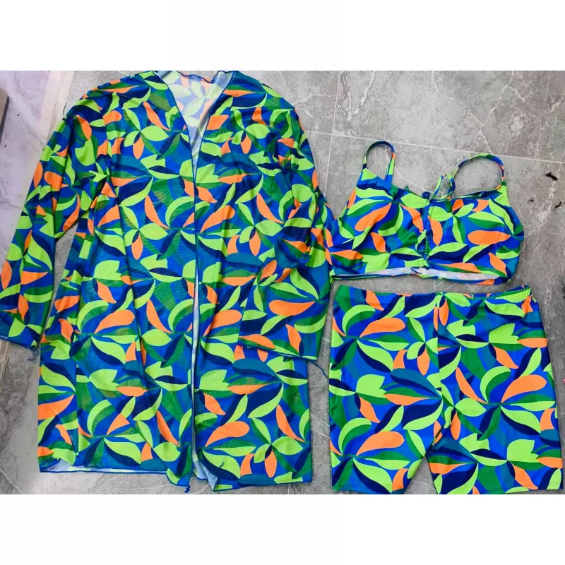 Women's Colourful Printed Bikini Shorts Set with Matching Cover Up