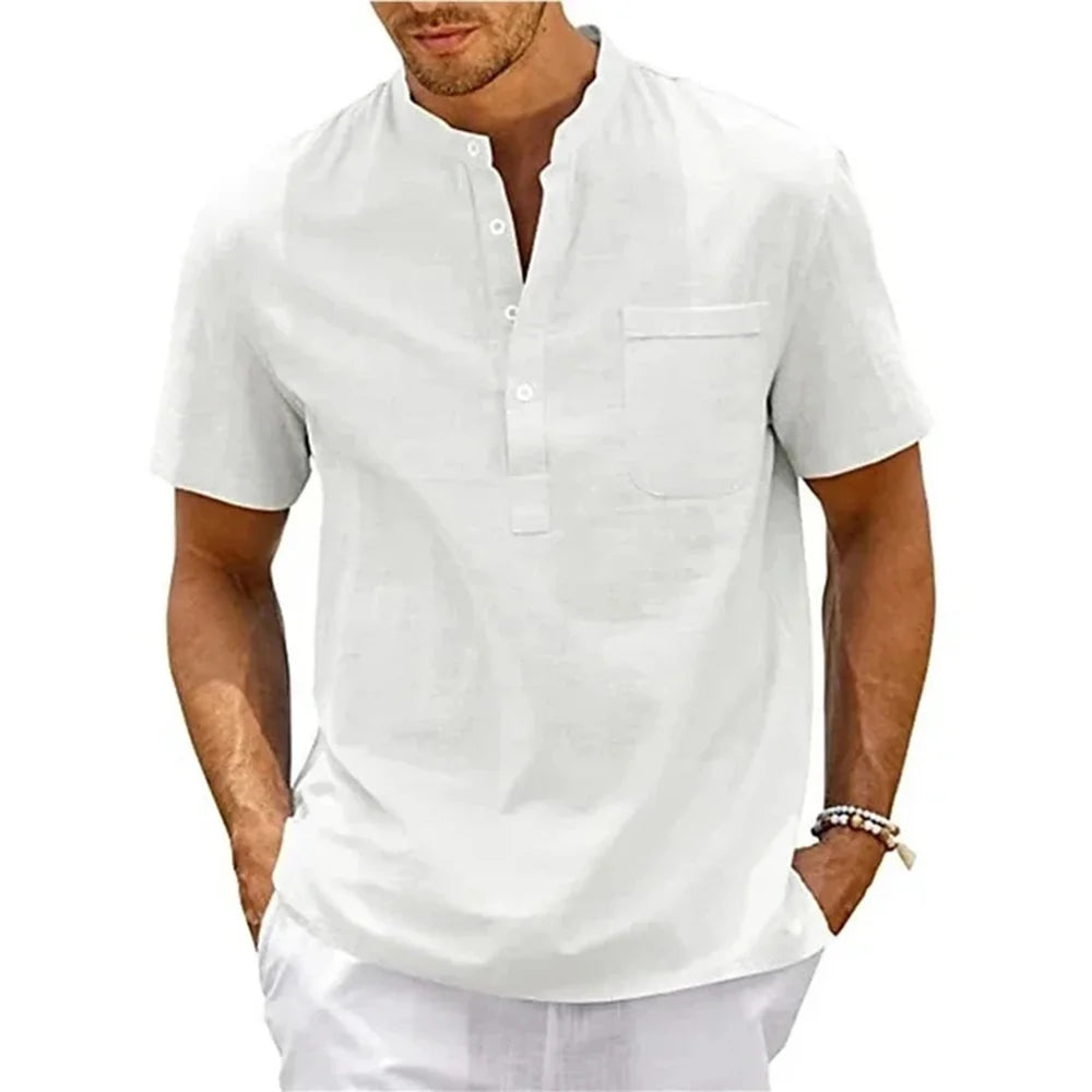 Men’s Short-Sleeve Cotton-Linen Henley Shirt