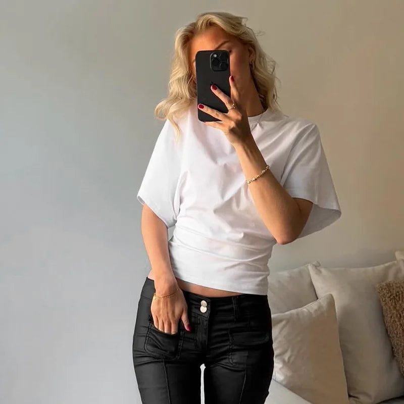 Solid Crew Neck Short Sleeve Cropped Casual T Shirt