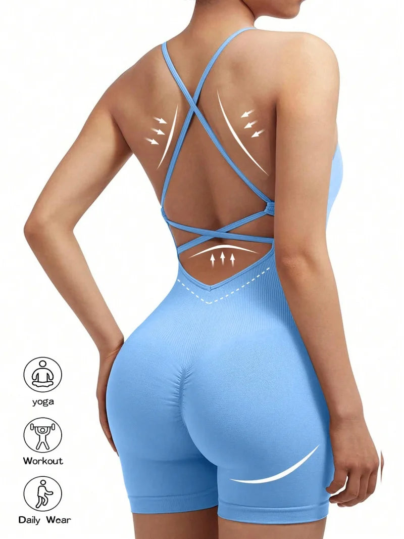 Women's Strappy Open Back Nylon Blend Romper for Yoga and Workouts