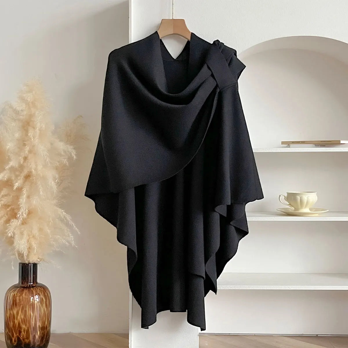 Solid Asymmetric Draped Wrap Scarf for Layering over Outfits