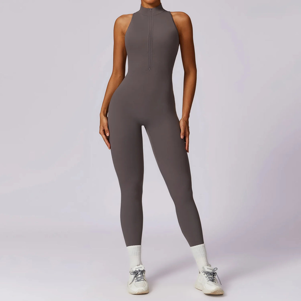 Women's Halter Neck Nylon Blend Workout One Piece with Zipper and Length Options