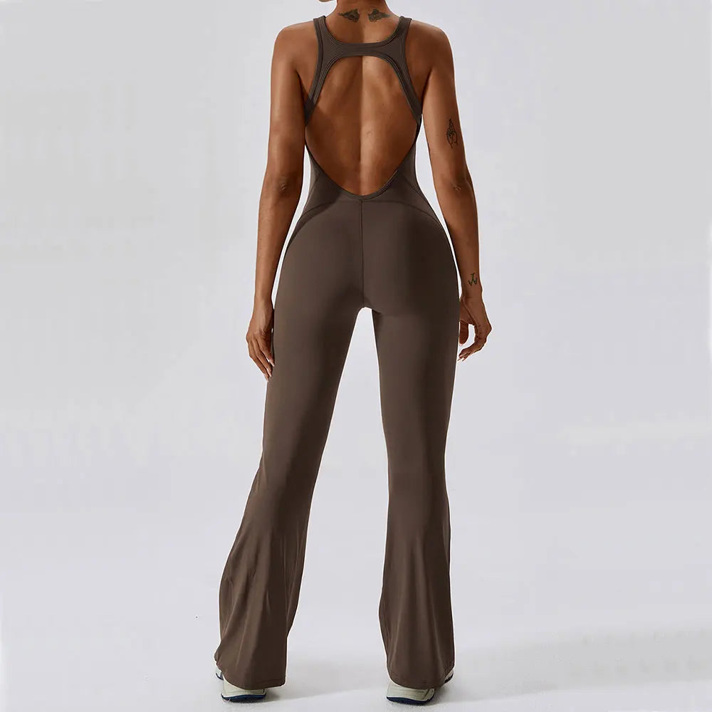 Women's Cross Strap Nylon Blend Workout Jumpsuit with Back Cutout and Long Legs