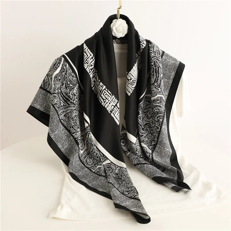 Printed Large Square Scarf with Decorative Border Designs