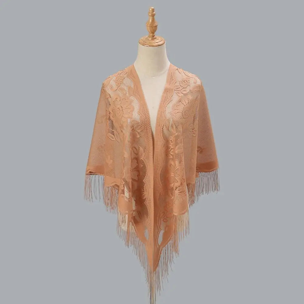 Floral Lace Fringed Wrap Scarf for Layering over Outfits
