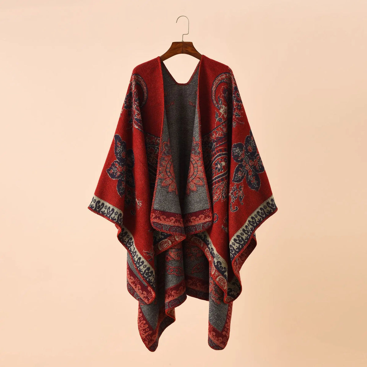Paisley Border Open Front Poncho for Layering over Outfits