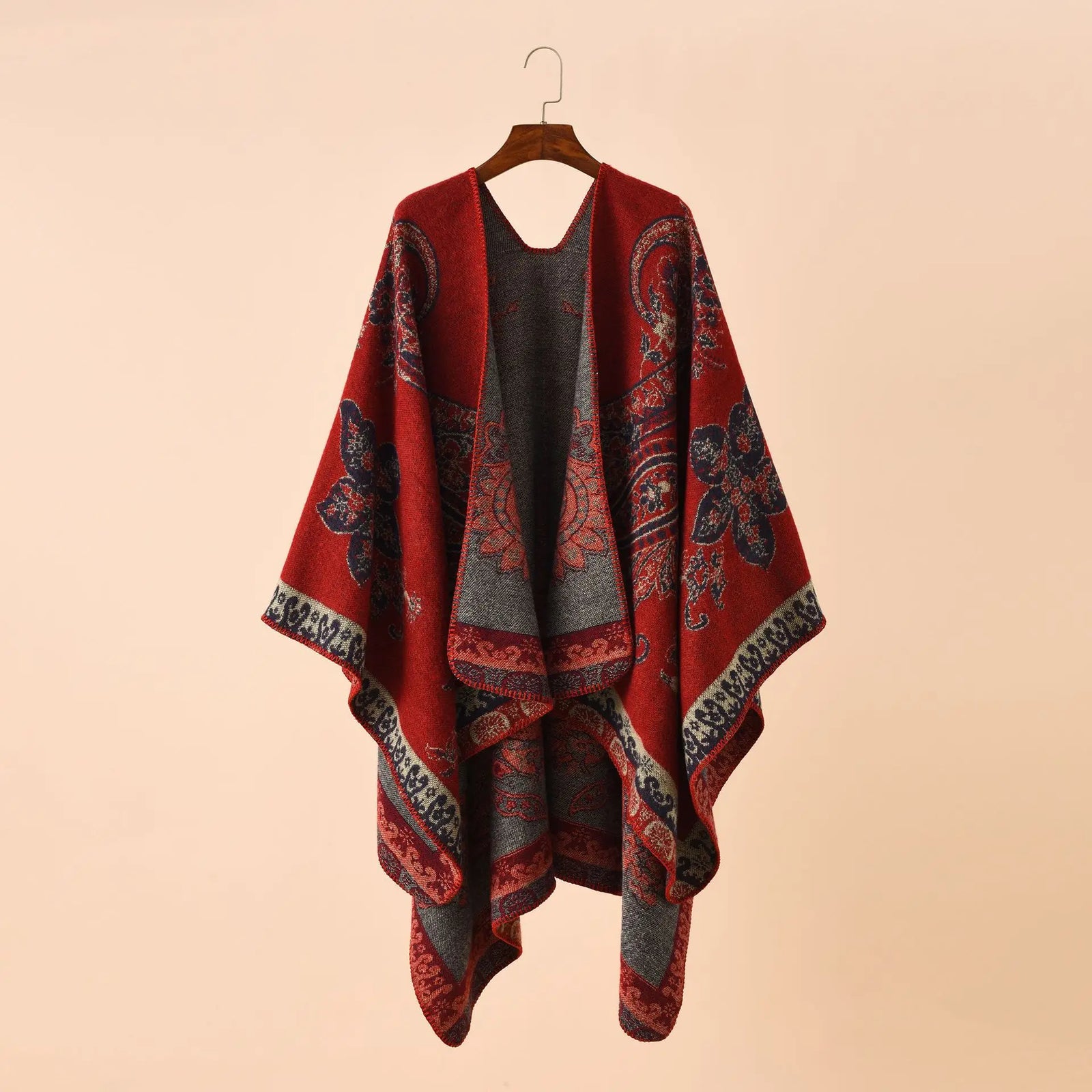 Paisley Border Open Front Poncho for Layering over Outfits