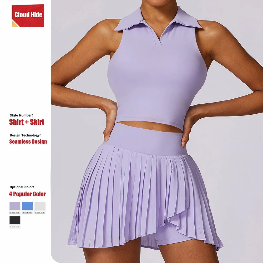 Women's Collared Crop Top and Skort Workout Set