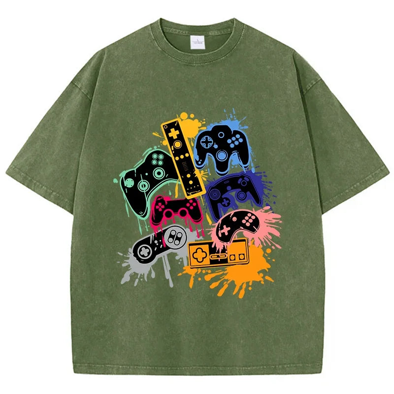 Game Console Graffiti Printing Washed T-Shirt Cotton T Shirts O-Neck Comfortable Distressed Tops Summer Mans Clothes