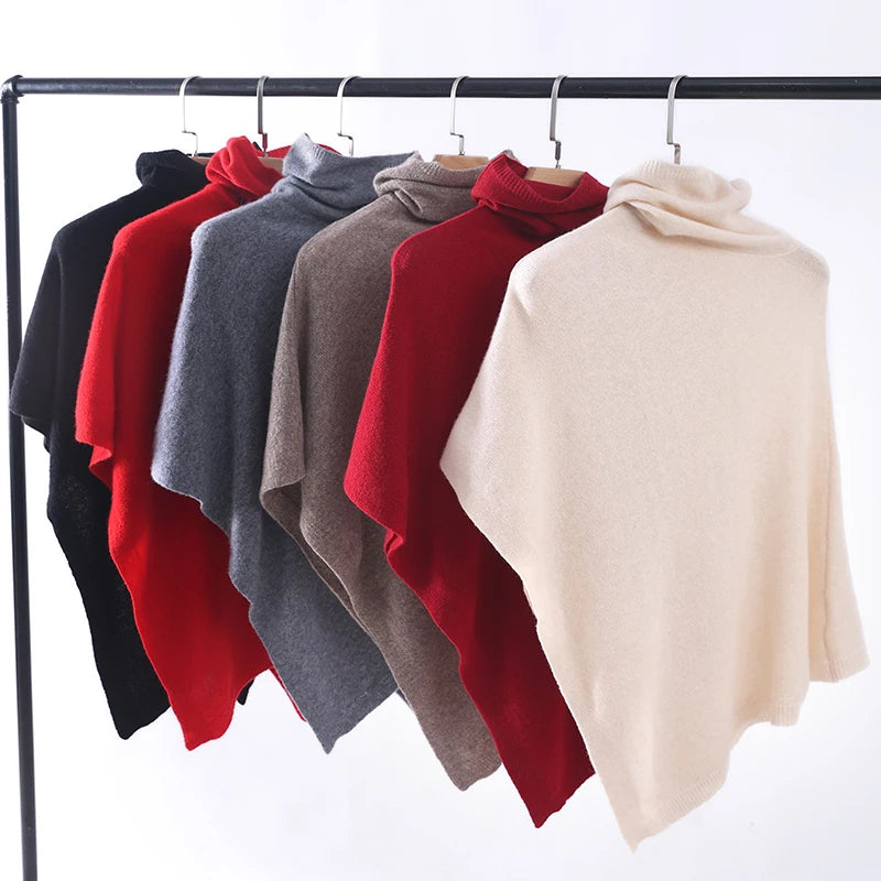 Turtleneck Ribbed Poncho for Layering over Tops and Dresses