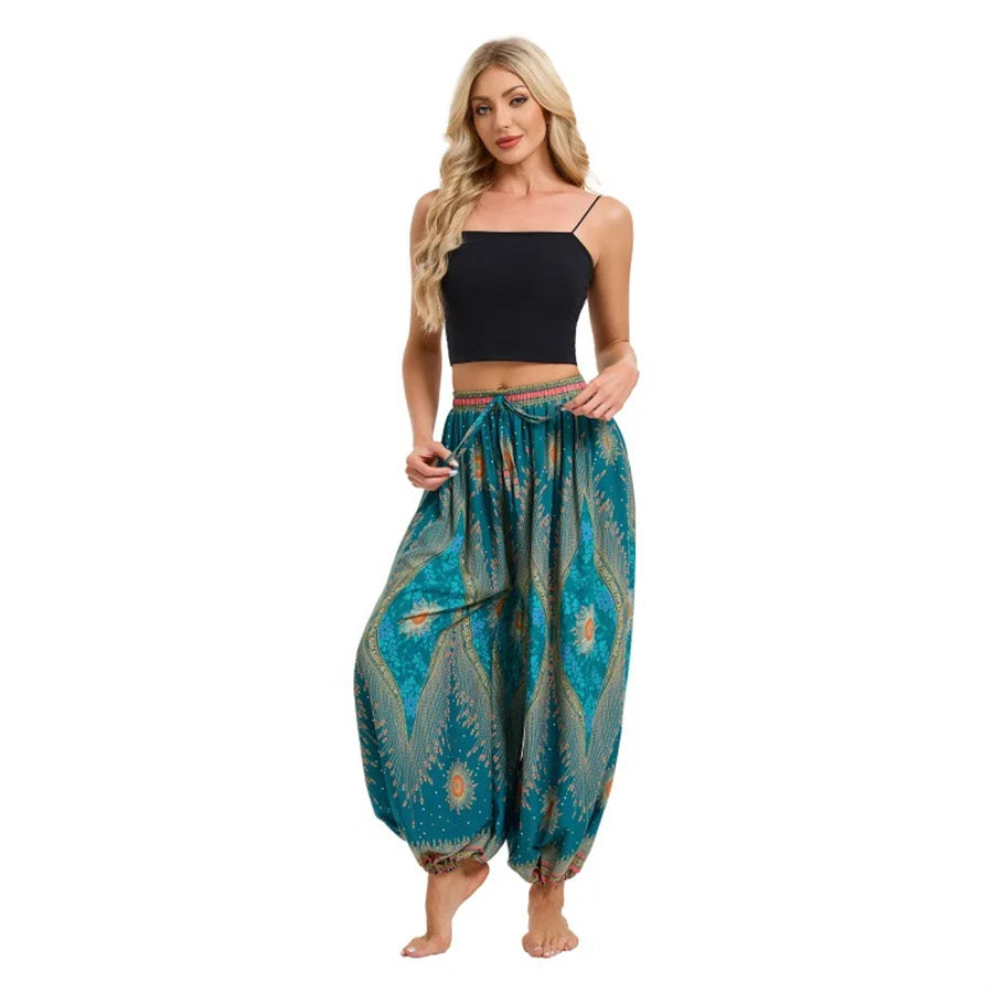 Women's Printed Rayon Harem Pants with Elastic Waist and Loose Gathered Legs