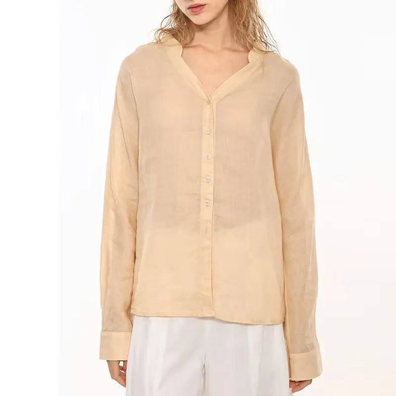Women's Ramie Long-Sleeve V-Neck Button-Up Shirt with Loose Fit for Casual Outfits