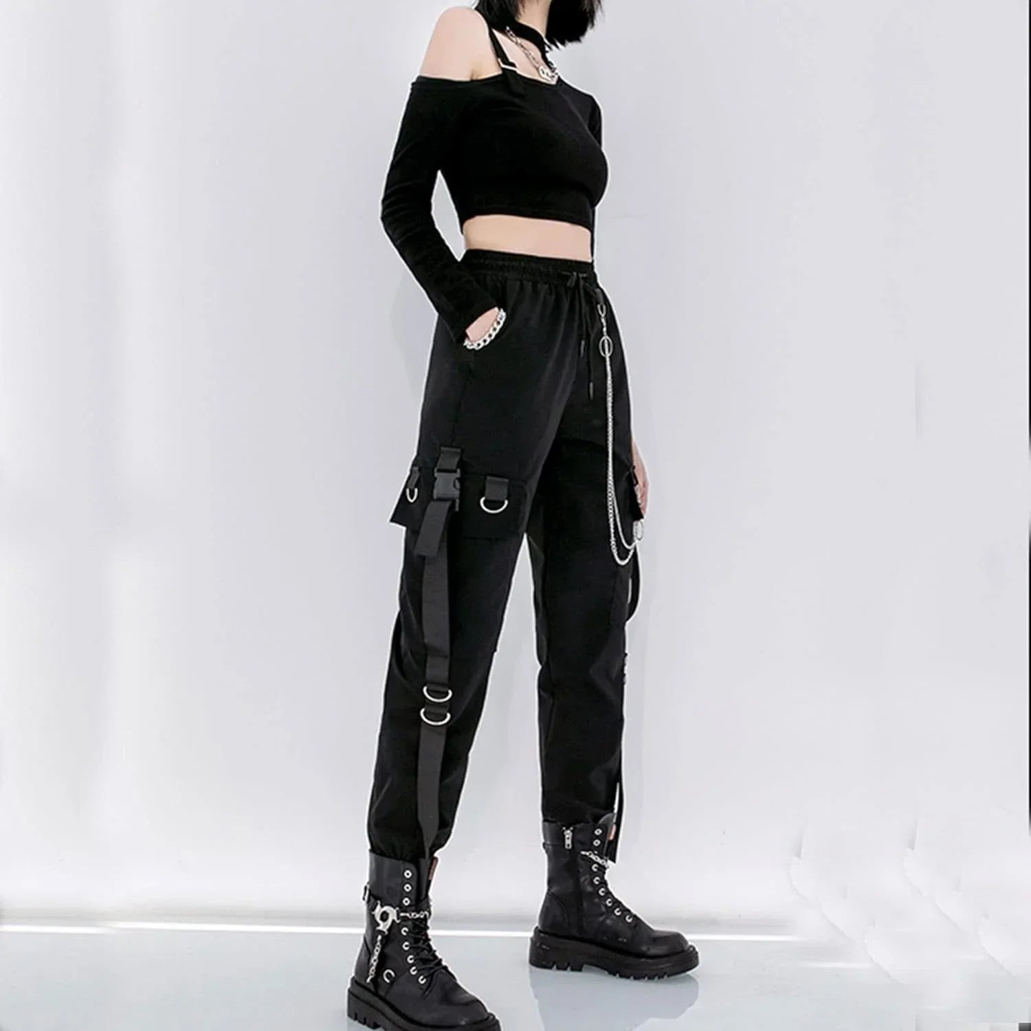 Women's Black Cargo Joggers with Chain and Plain Style Options