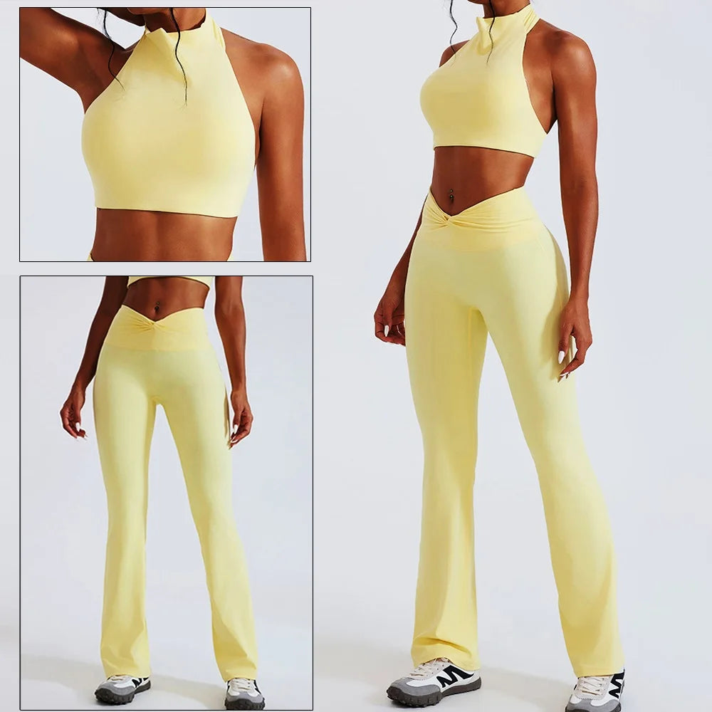 Women's Zip-Front Crop Top and Flared Pants Workout Set