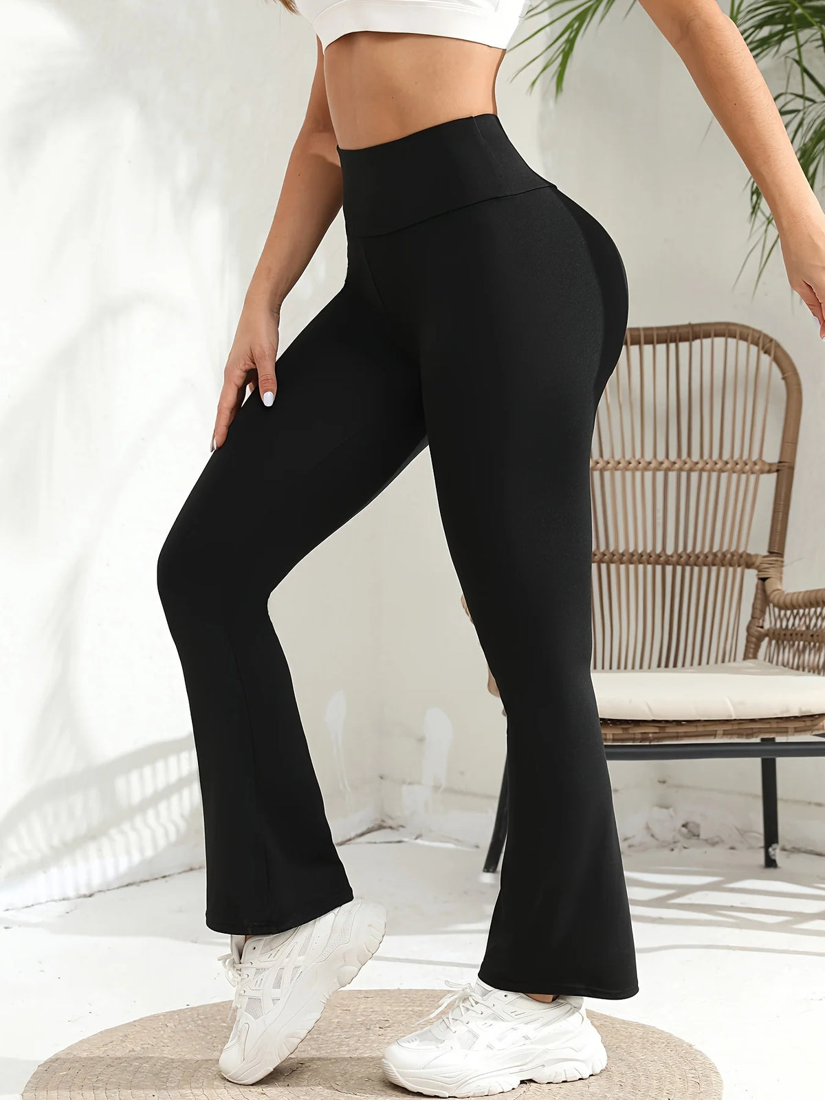 Women's High Waist Polyester Flared Workout Pants with Fitted Upper Legs