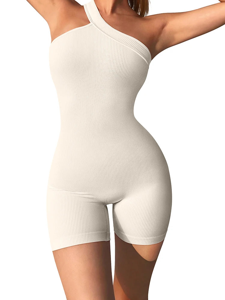 Women's One Shoulder Ribbed Nylon Blend Romper with Fitted Short Legs