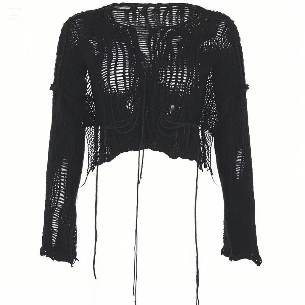 Women's Distressed Open Knit Cropped Pullover Crop Top
