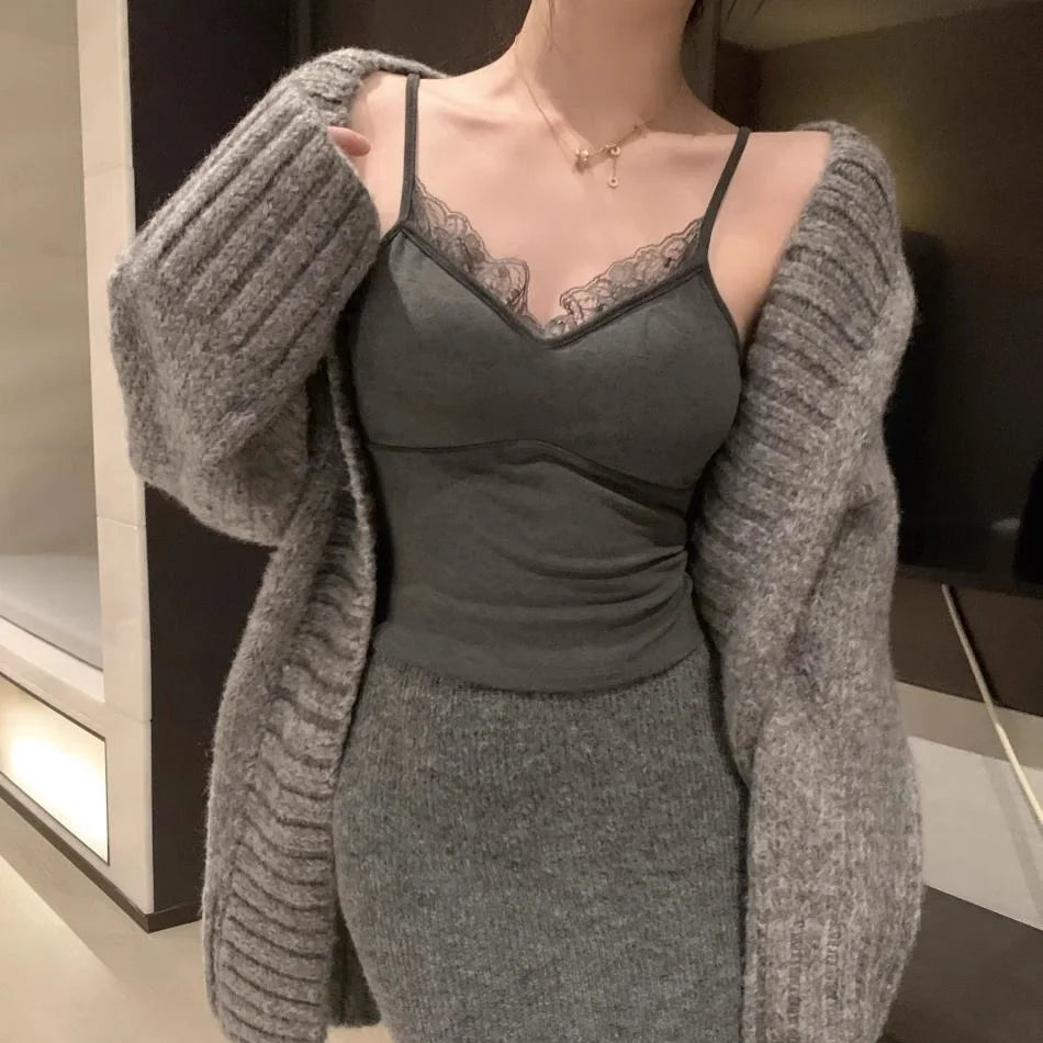 Women's Fitted Camisole with Lace Panels and Thin Shoulder Strap Design