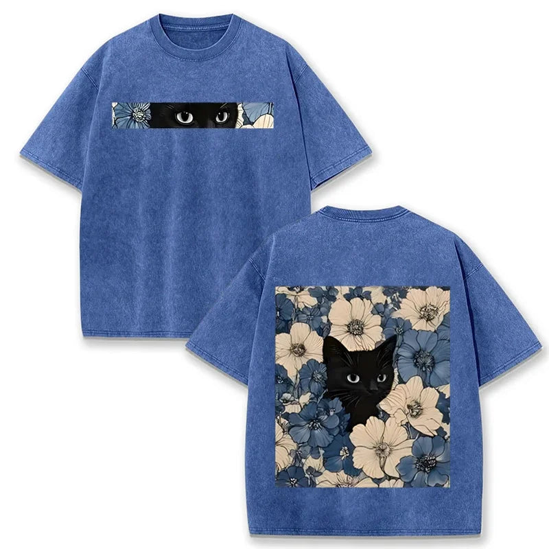 Vintage Washed Black Cat Floral T Shirt Double Sided Print Streetwear Casual Tee
