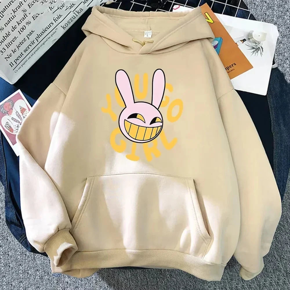 Rabbit-Graphic Long-Sleeve Fleece Pullover Hoodie