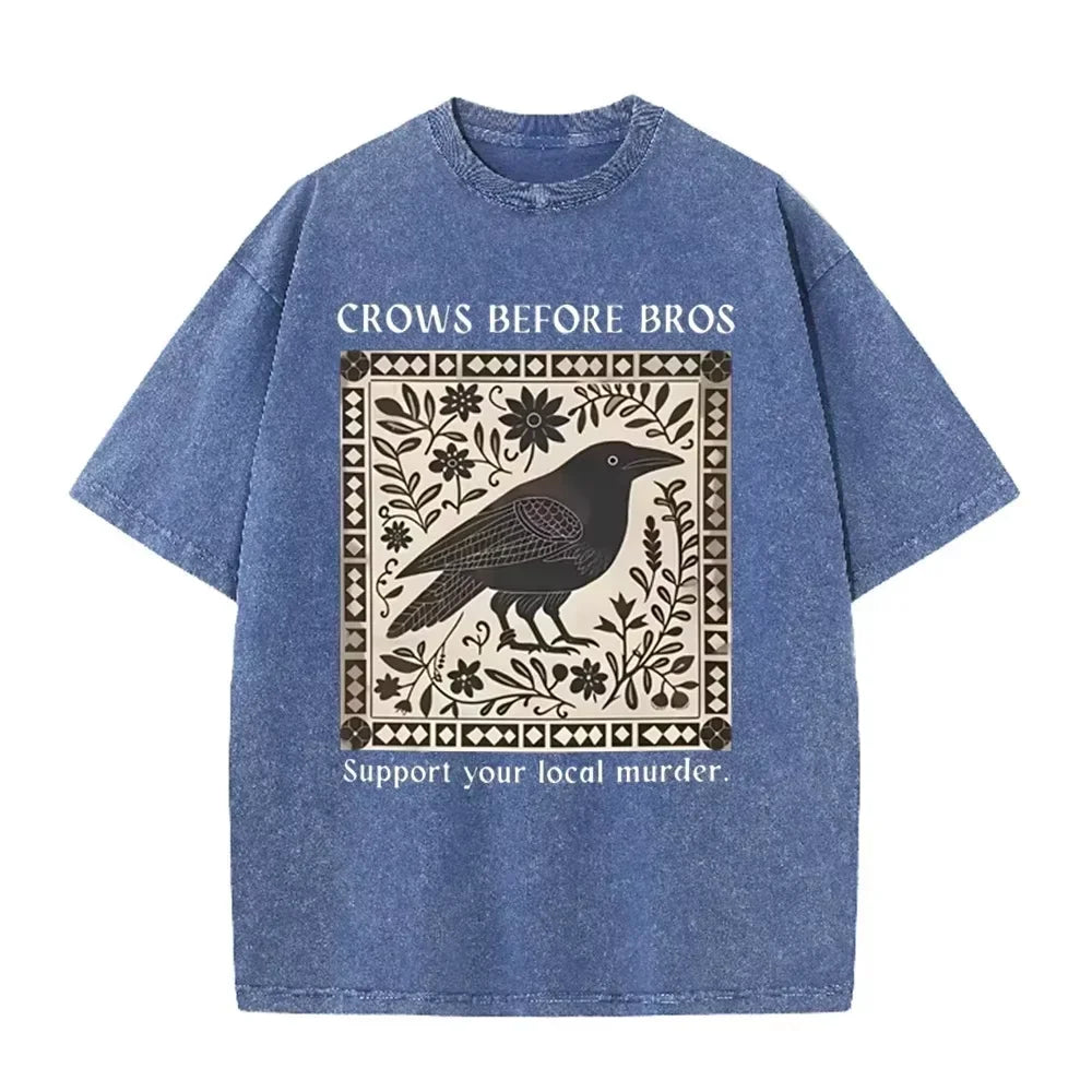 Distressed Vintage Washed Tee Vintage Square Crow Floral Print Support Local Murder Funny Slogan Loose T Shirts