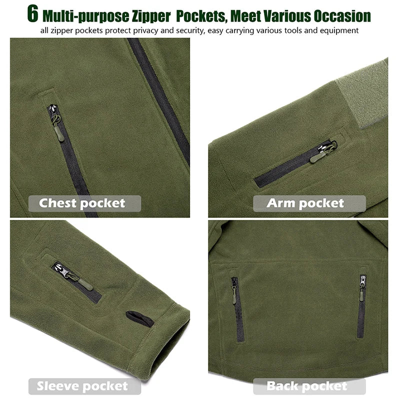 Men's Warm Tactical Fleece Jacket Zip Up Thicken Polar Hoodie Winter Outdoor Sport Hiking Hooded Coat Multi-Pocket