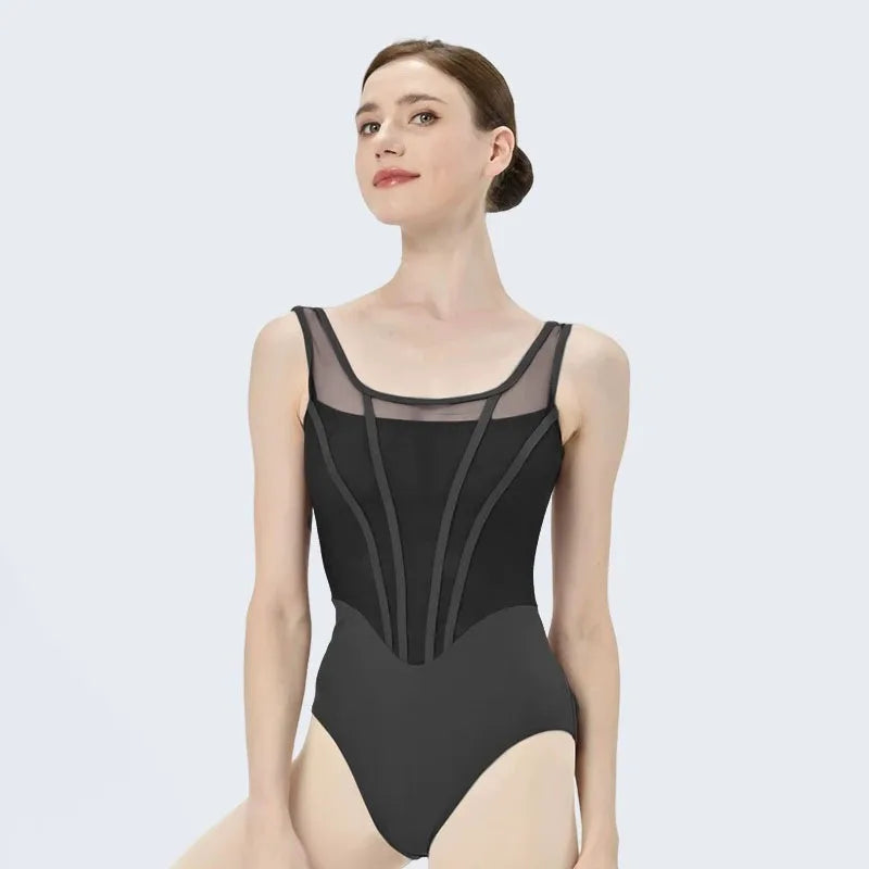 Women's Sleeveless Ballet Leotard with Mesh Panels and Retro Bodice Seams