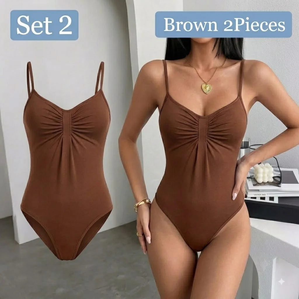 Women's Ruched Polyester Blend Bodysuit with Thin Straps and Shaped Bust