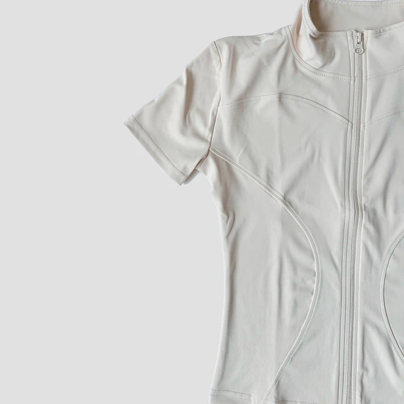Women’s Slim Fit Short Sleeve Yoga Top with Stand Collar Zip Front