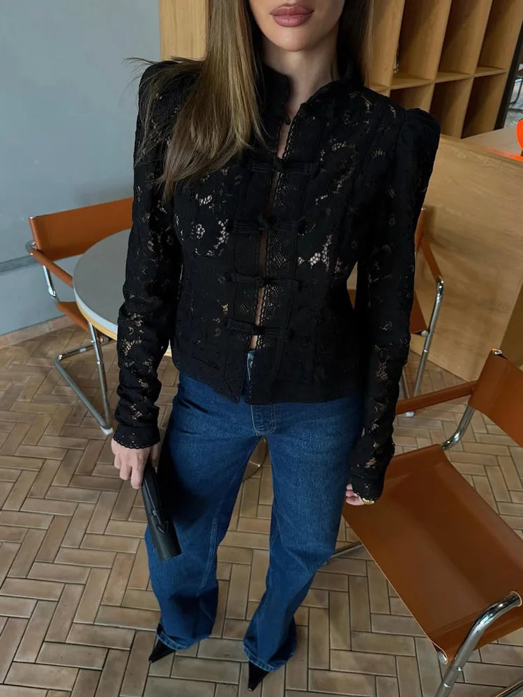 Women's Floral Lace High Neck Long Sleeve Blouse