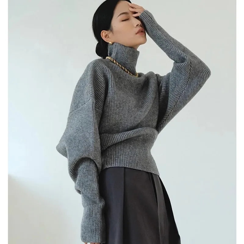 French retro high-neck pullover pure wool sweater women's short knitted base sweater waist-cinching and versatile top