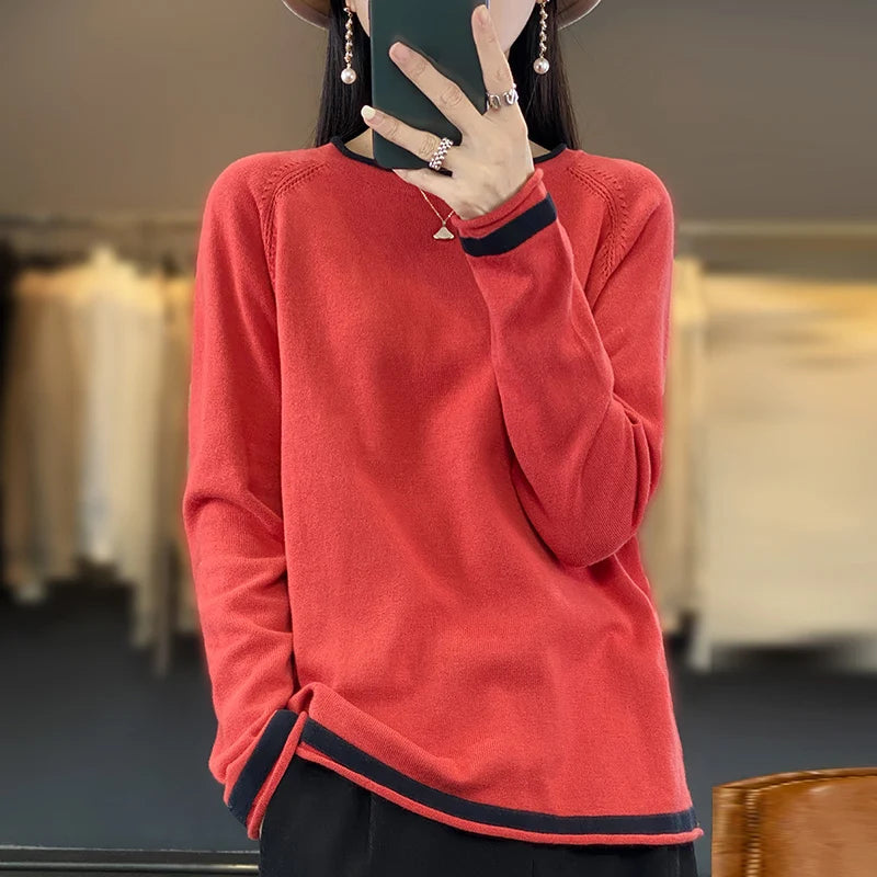 Women's Crew Neck Contrast Stripe Trim Sweater Casual Knit Layer