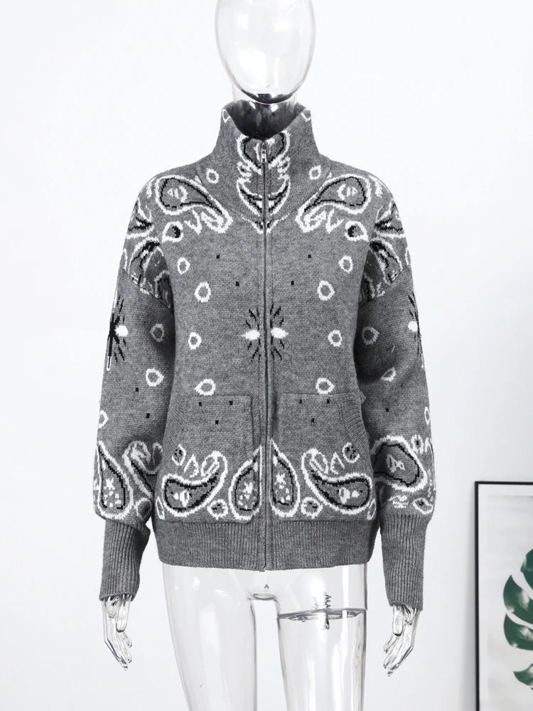 Women's Paisley Stand Collar Zip Front Cardigan Casual Knit Layer
