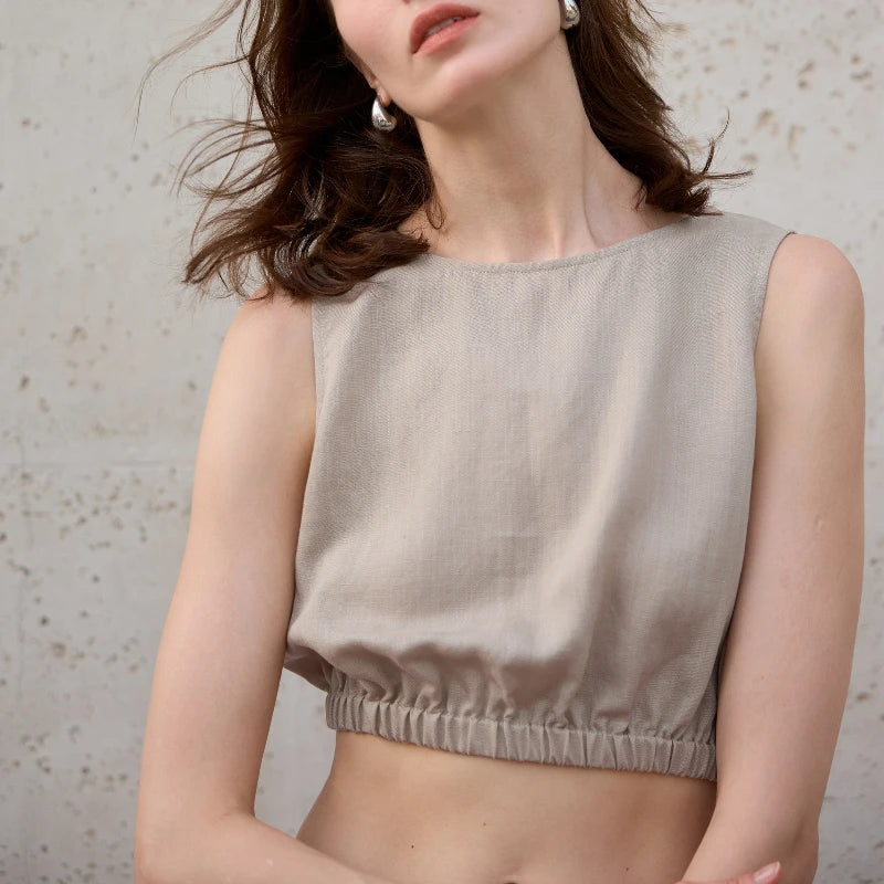 Women's Linen-Viscose Sleeveless Cropped Tank Top with Gathered Hem for Casual Outfits