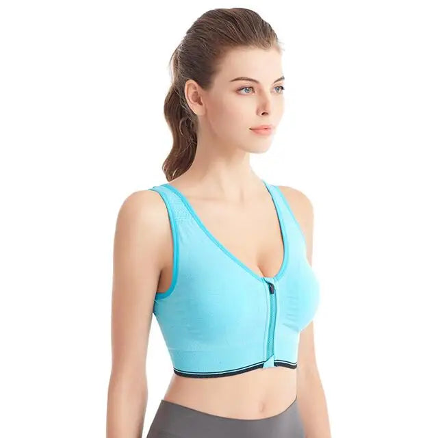Women's Front Zip Cross Back Sports Bra